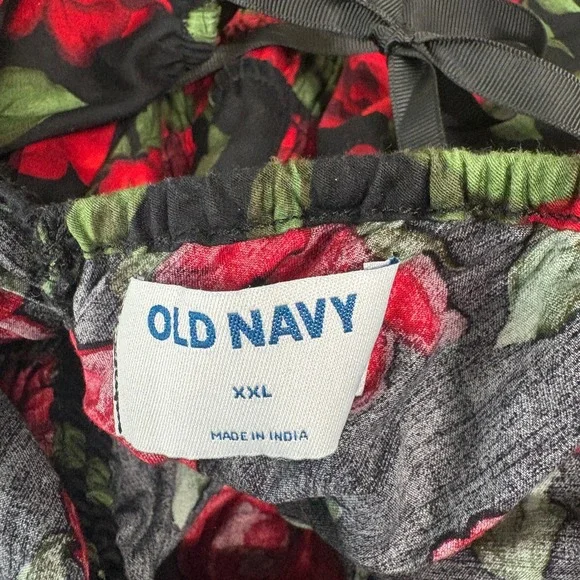 Old Navy Dress Women XXL Black Red Rose Puff Sleeve Smocked Waist Tie Back Boho - Picture 6 of 9